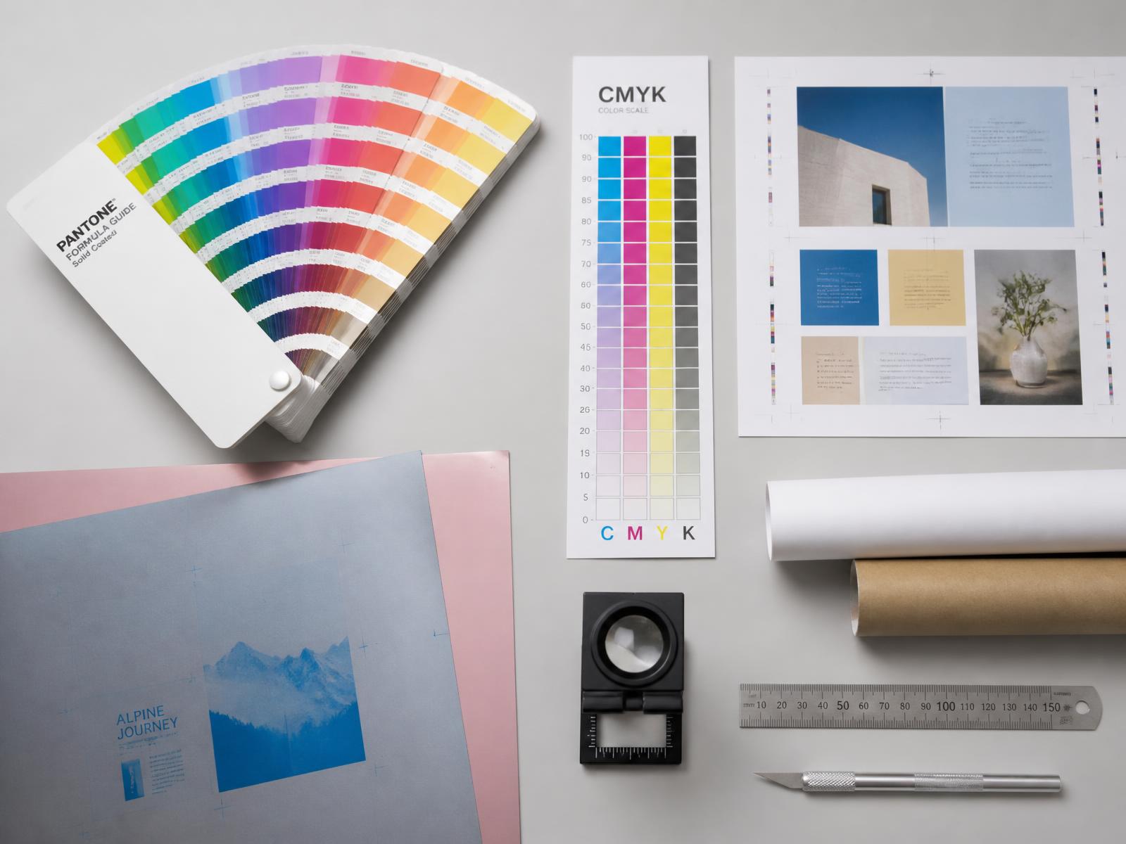 Catálogo Pantone, escala CMYK, lupa de inspeção e chapas Offset