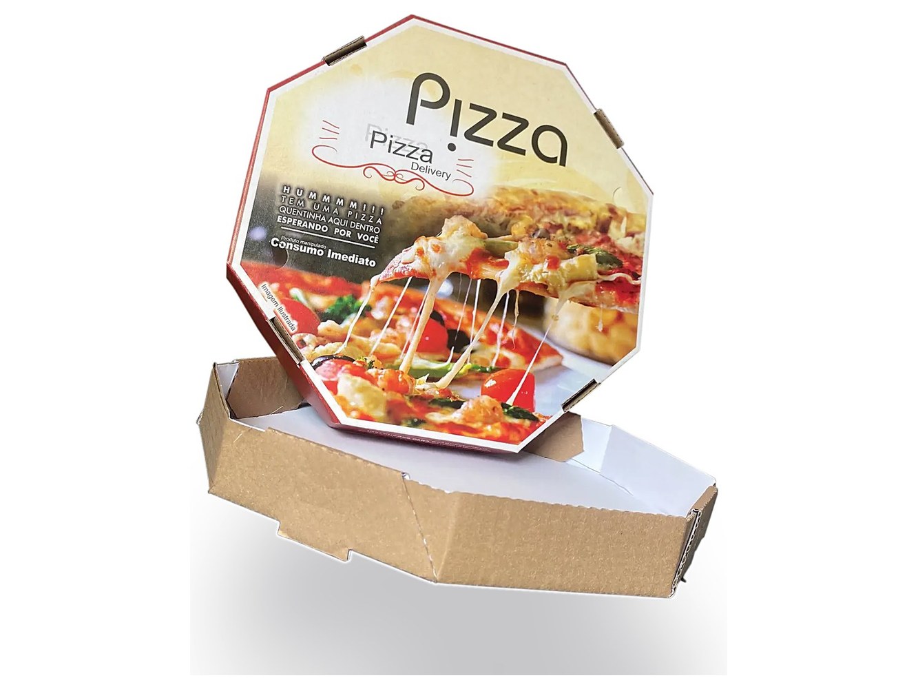 Caixa de pizza universal aberta mostrando o interior em kraft